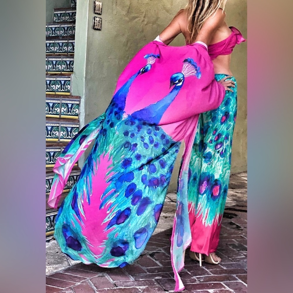Pink Peacock Luxury Two Piece Set Chiffon Kimono Duster Kaftan Swimsuit Coverup.